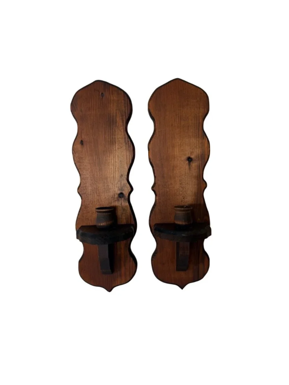 Wood Wall Candle Sconces Pair Colonial Early American Farmhouse Vtg Country Deco